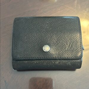 Louis Vuitton Black Textured Leather Trifold Wallet with Embossed LV